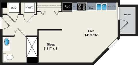 A floor plan shows a bedroom with a sleep area of 5'11" x 8" and a live area of 14' x 15'.